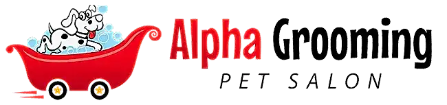 Logo for Alpha Grooming Pet Salon featuring cartoon dogs in a red bathtub with bubbles, next to the business name in red and black text—perfect for any pet lover seeking quality mobile pet grooming services.