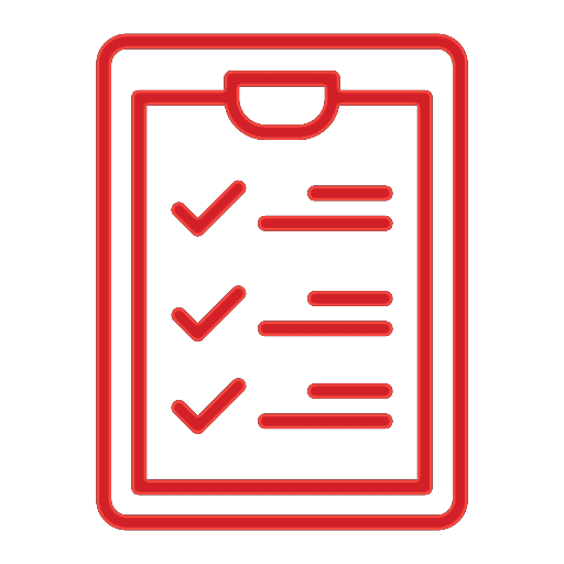 Red outline icon of a clipboard with three checkmarks next to horizontal lines, representing a completed checklist or task list—ideal for any pet lover or busy dog groomer staying organized.