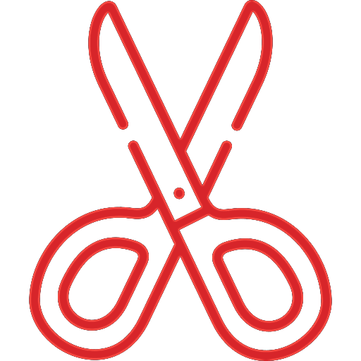 Red outline icon of a pair of scissors with open blades and rounded handles, displayed on a light background—perfect for any dog groomer or pet lover looking to add a touch of style to their branding.