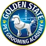 A logo for Golden State Pet Grooming Academy featuring a groomed poodle in front of the Golden Gate Bridge with paw prints on each side, perfect for any pet lover or those interested in mobile dog grooming.