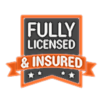 A badge with the text "Fully Licensed & Insured" in bold white letters on a gray and orange background with stars underneath—a perfect touch for any mobile cat grooming or dog grooming service.